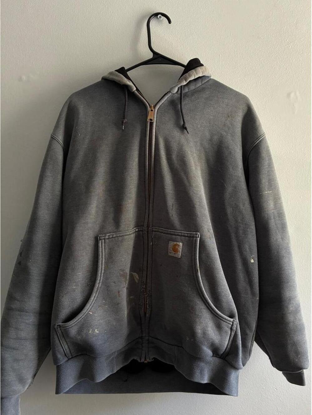 Carhartt Men's Gray and Blue Durable Hoodie with Full Zipper and Drawstring Hood